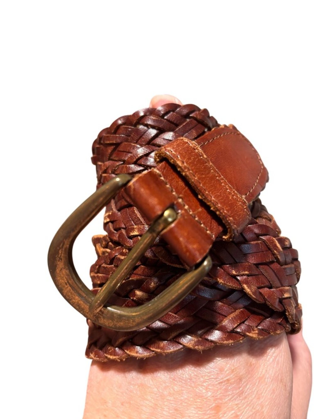 Vintage Braided Leather Belt With Brass Buckle Size 38 Brown